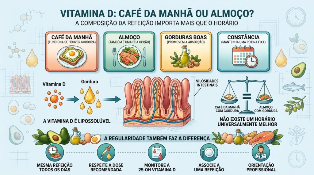 Gordura na refeição e regularidade importam mais que o horário da vitamina D.