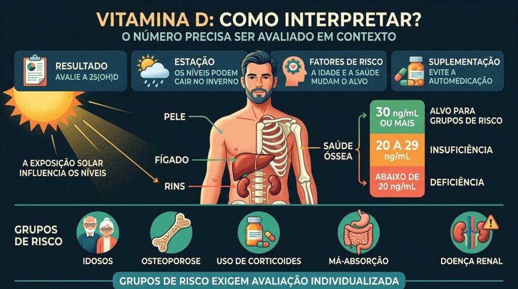 Estação do ano, riscos clínicos e resultado orientam a avaliação da vitamina D.