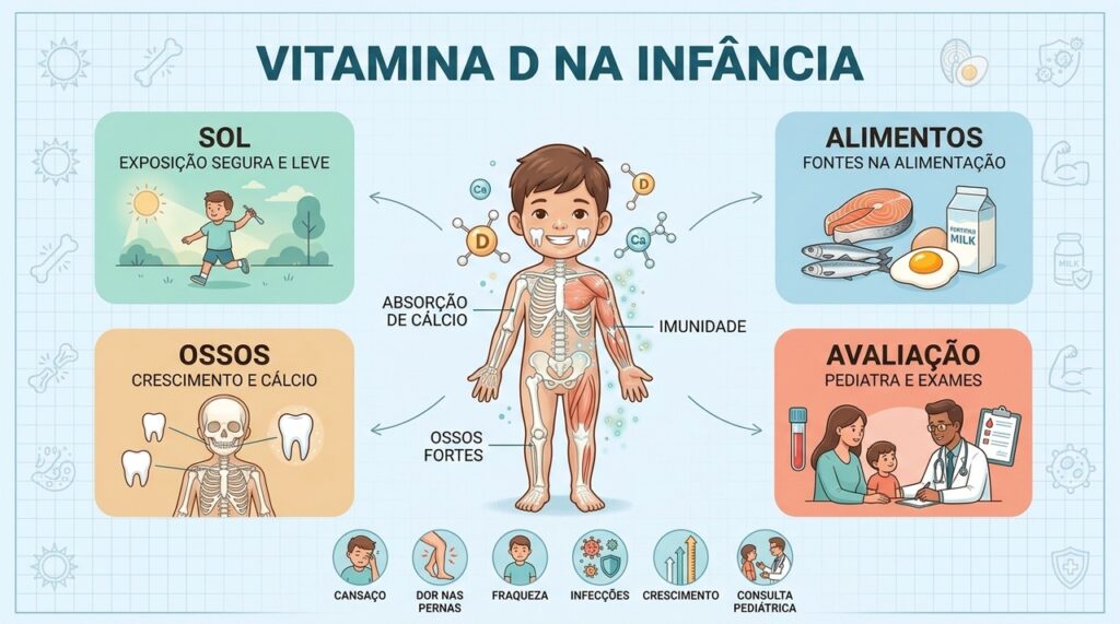 Sol seguro, alimentação, crescimento e acompanhamento pediátrico ajudam a manter vitamina D adequada.