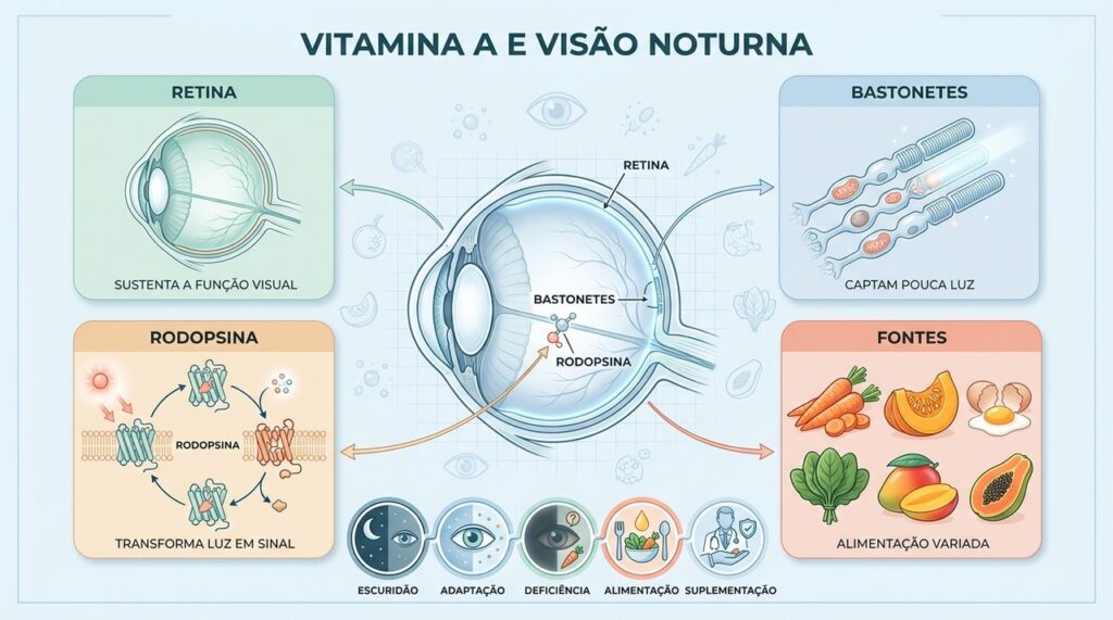 Retina, bastonetes e rodopsina explicam como a vitamina A participa da visão noturna.