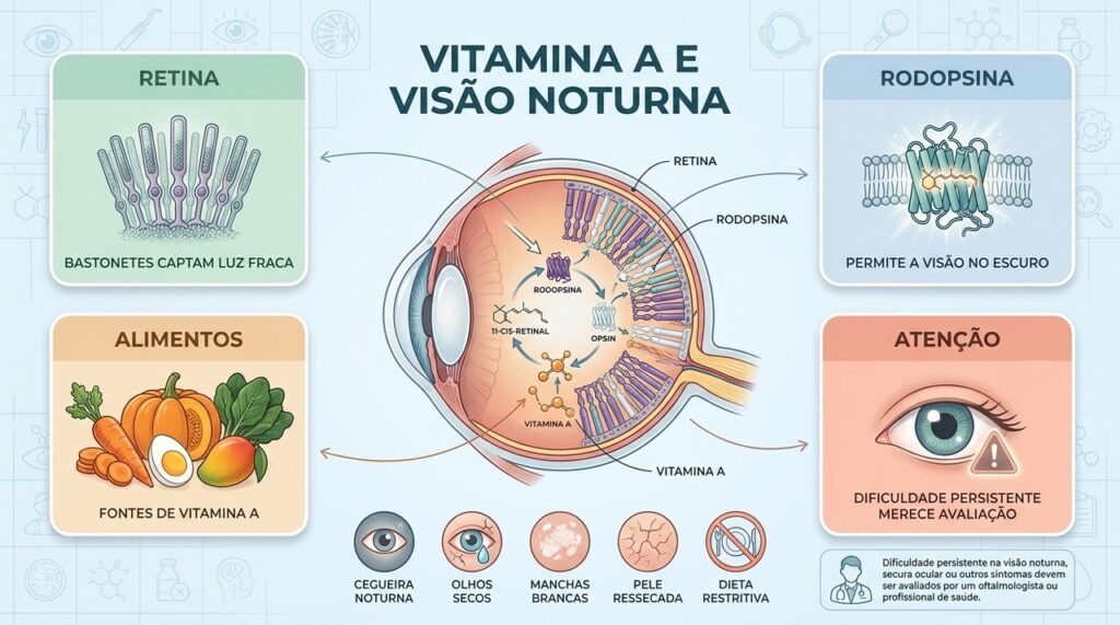 Retina, rodopsina e alimentos ricos em vitamina A sustentam a adaptação visual ao escuro.