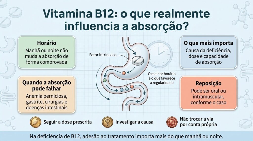 Na deficiência de vitamina B12, a causa, a dose e a forma de reposição pesam mais na absorção do que o horário do suplemento.