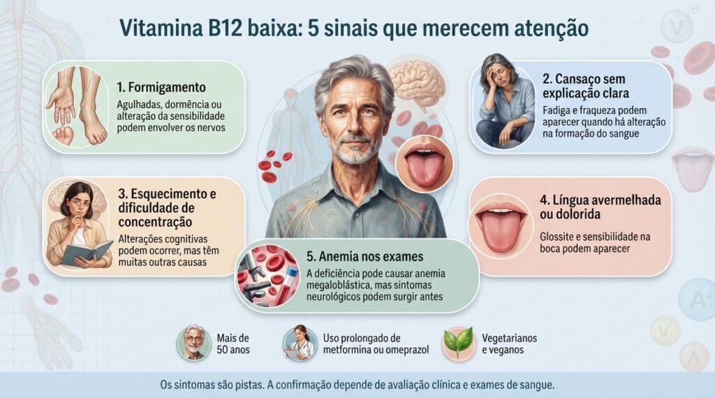 Formigamento, cansaço, alterações de memória, língua dolorida e anemia podem aparecer quando a vitamina B12 está baixa.