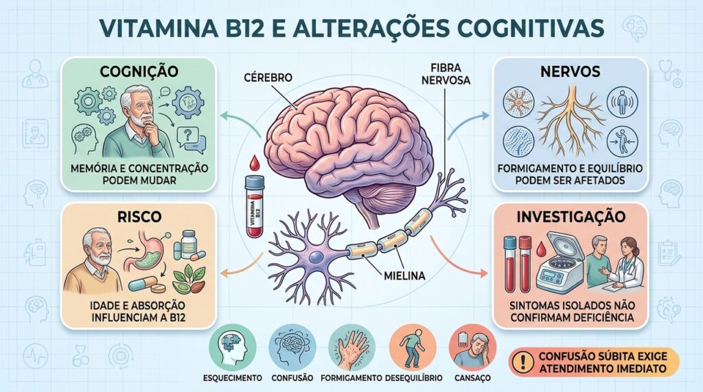 Deficiência de B12 pode afetar cognição, nervos, equilíbrio e concentração em idosos.