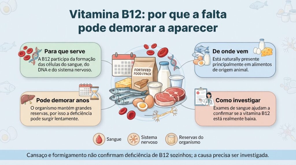 A deficiência de vitamina B12 pode levar anos para aparecer e afetar sangue e sistema nervoso. Veja para que serve, quem tem mais risco e como investigar.