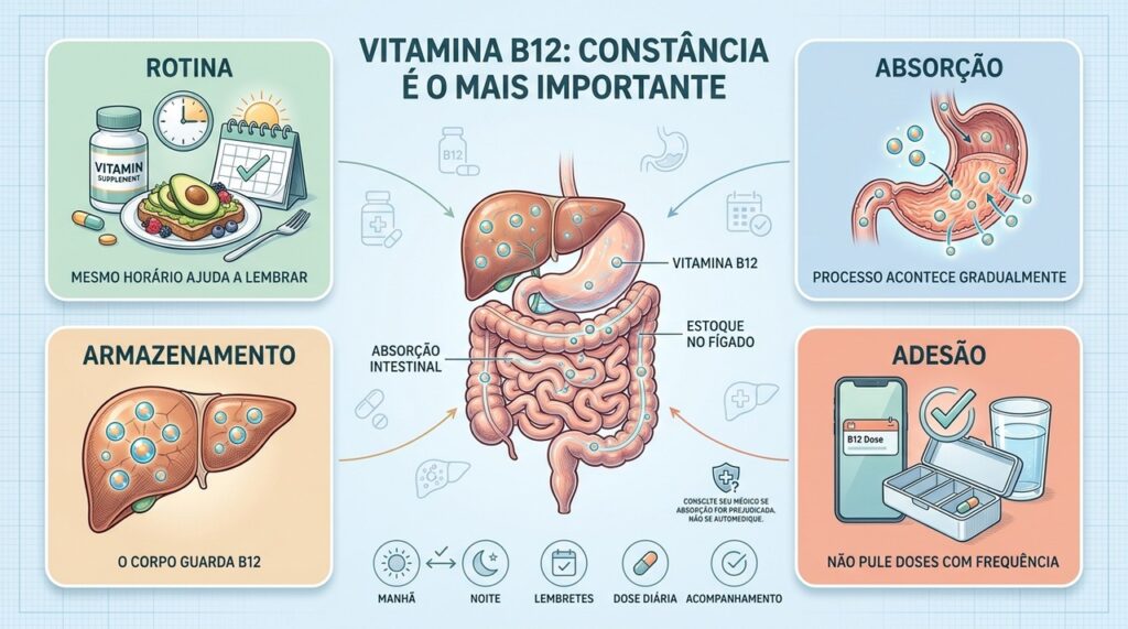 Absorção, armazenamento e adesão explicam por que a constância sustenta a suplementação de B12.