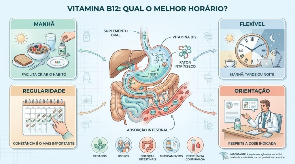 Horário flexível, rotina estável e indicação profissional orientam o uso adequado da vitamina B12.