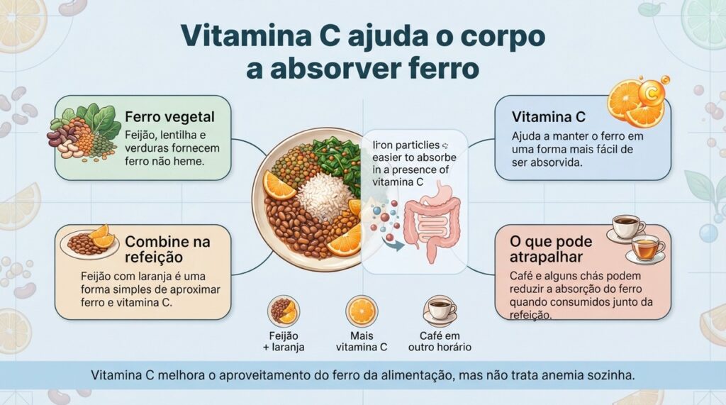 Aproximar fontes vegetais de ferro e vitamina C na mesma refeição pode melhorar a absorção do mineral.