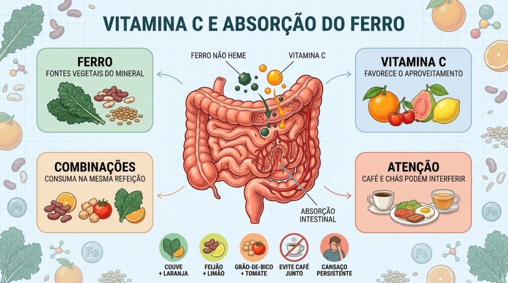 Vitamina C favorece a absorção do ferro vegetal presente em diferentes refeições.