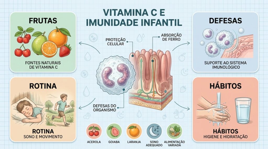 Acerola, goiaba e laranja fornecem vitamina C, enquanto hábitos saudáveis apoiam a imunidade infantil.