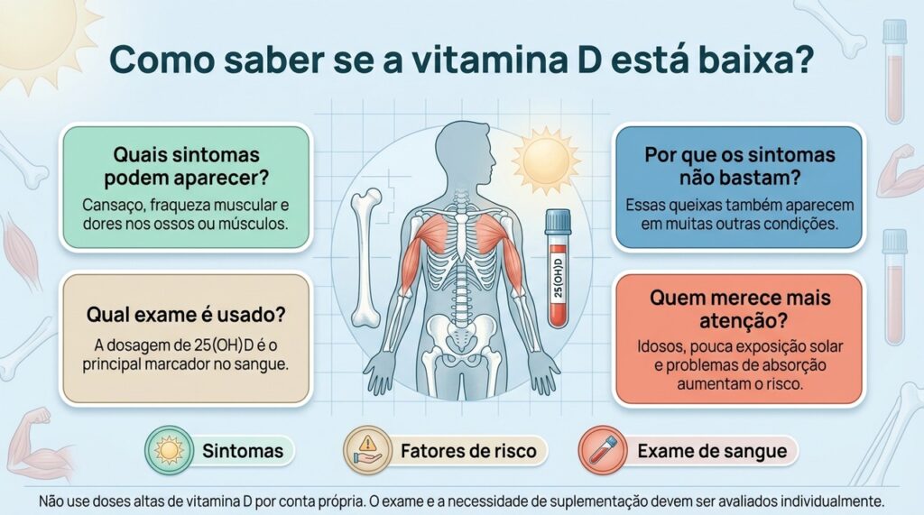 A avaliação da vitamina D combina sintomas, fatores de risco e, quando indicado, a dosagem de 25(OH)D no sangue.