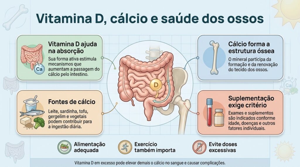 A saúde óssea depende da interação entre vitamina D, cálcio, alimentação, exercício e outros fatores individuais.