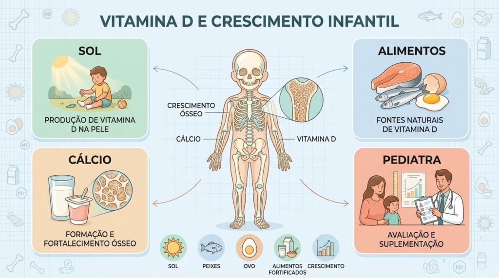 Vitamina D, cálcio e acompanhamento pediátrico são pilares do crescimento ósseo infantil.