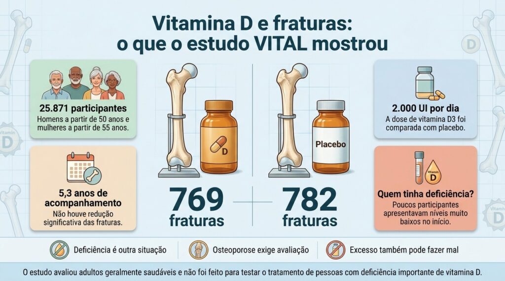 O estudo VITAL não encontrou redução significativa de fraturas com vitamina D em adultos geralmente saudáveis sem deficiência selecionada.