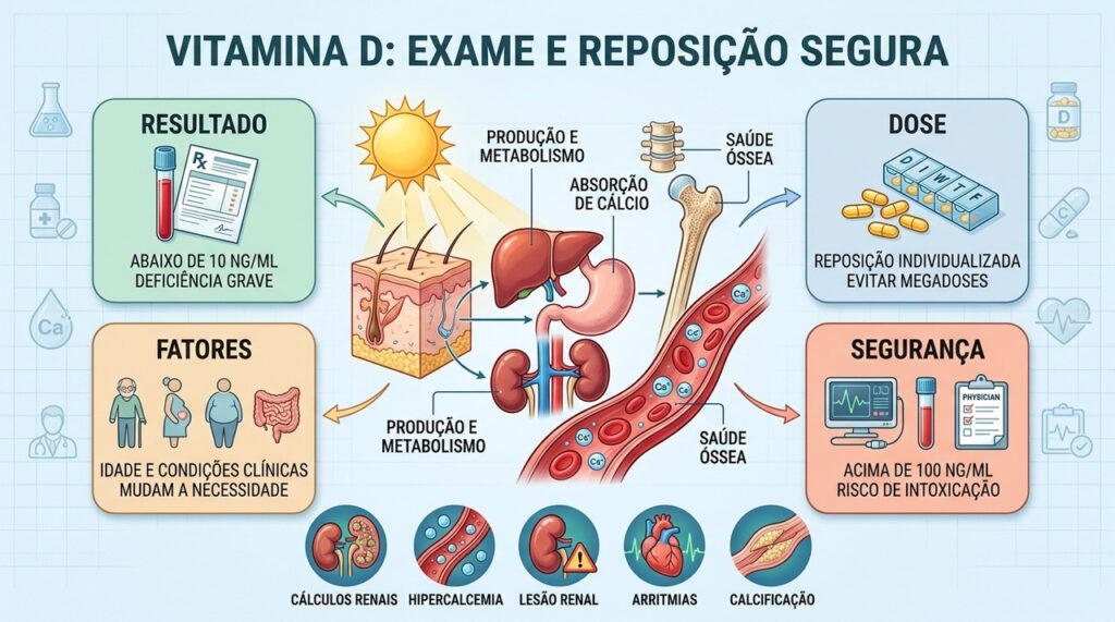 Exame, perfil clínico e riscos orientam uma reposição de vitamina D segura.