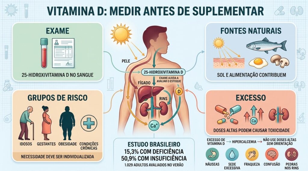 Vitamina D exige equilíbrio entre fontes naturais, avaliação laboratorial e suplementação orientada.