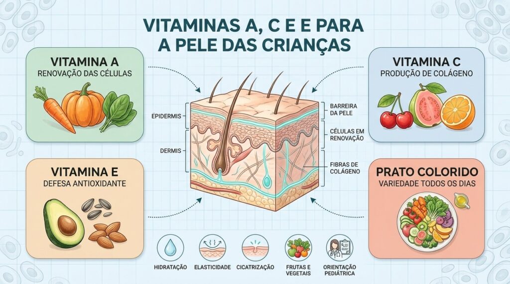 Entenda como as vitaminas A, C e E atuam na pele e quais alimentos oferecê-las.