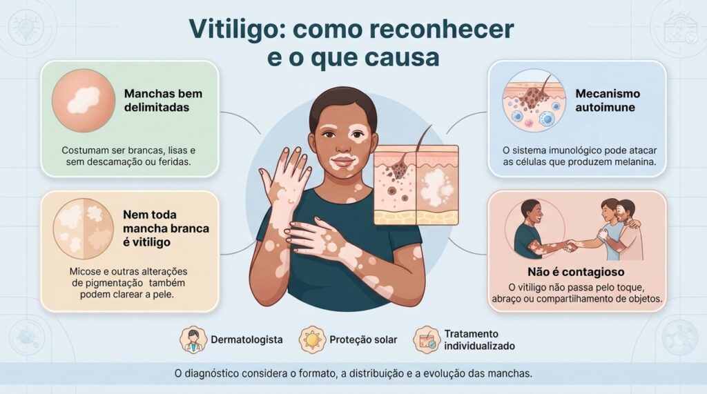 O vitiligo causa perda de pigmentação, não é contagioso e deve ser diferenciado de outras causas de manchas claras na pele.