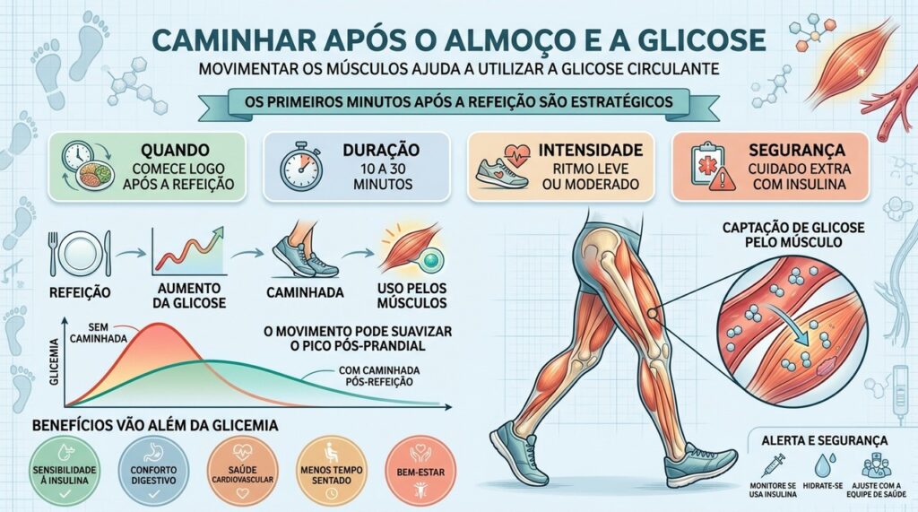 Caminhadas leves após refeições favorecem a captação muscular da glicose e o controle glicêmico.