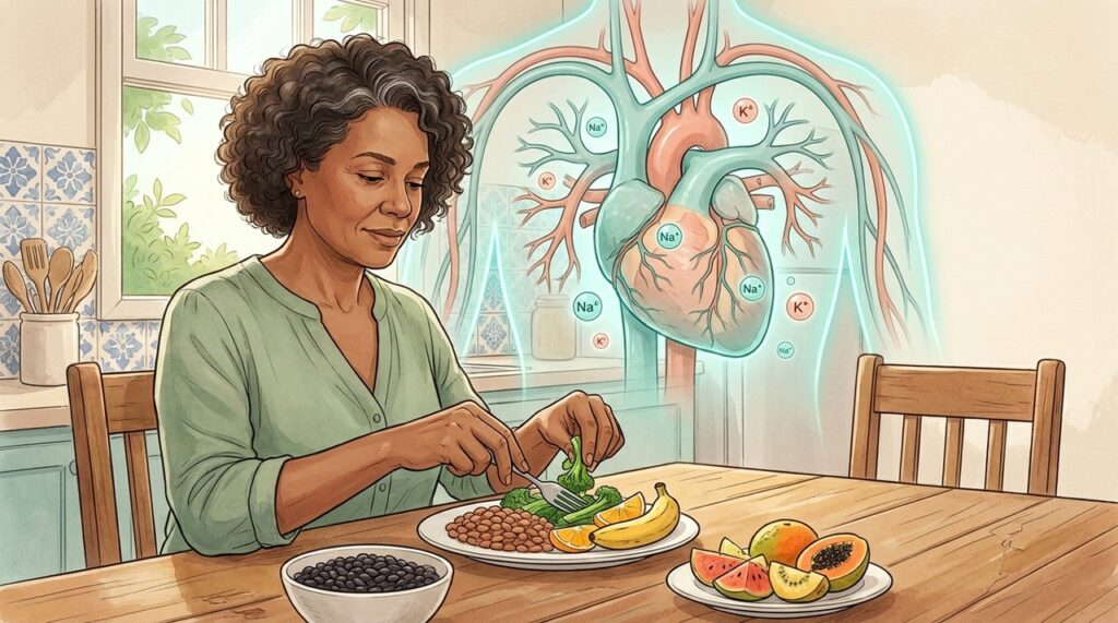 Uma alimentação variada combina potássio, fibras e nutrientes favoráveis à saúde cardiovascular.
