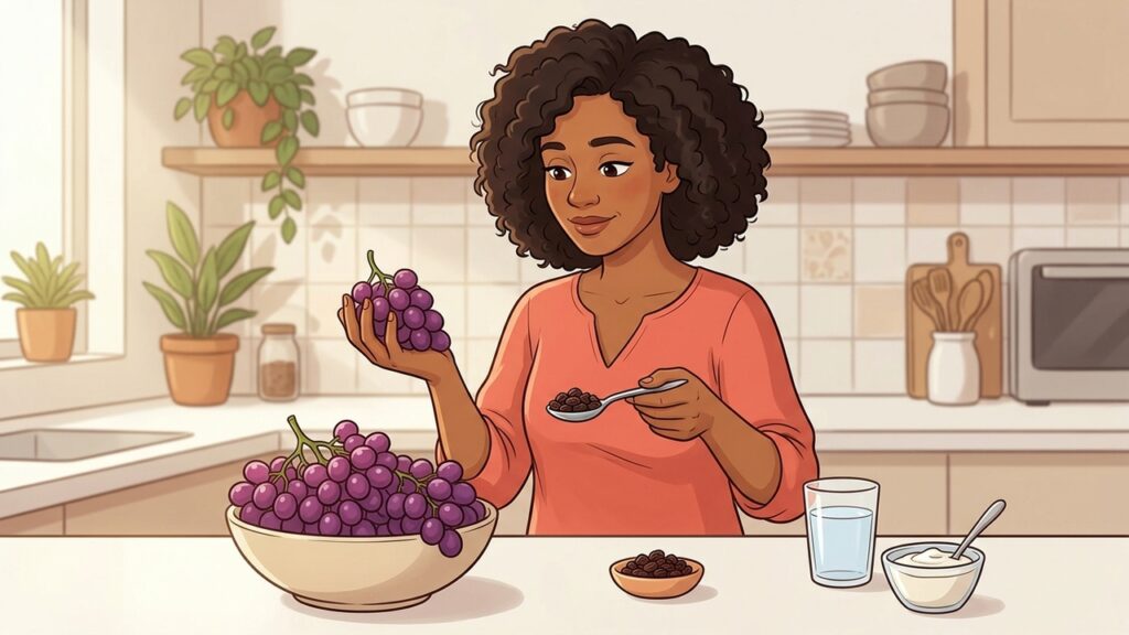 Uvas frescas saciam pelo volume, enquanto a uva-passa concentra açúcares e calorias em porções menores.
