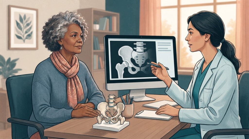 A osteoporose pode avançar sem sintomas, por isso o rastreamento é importante mesmo quando a pessoa se sente bem.