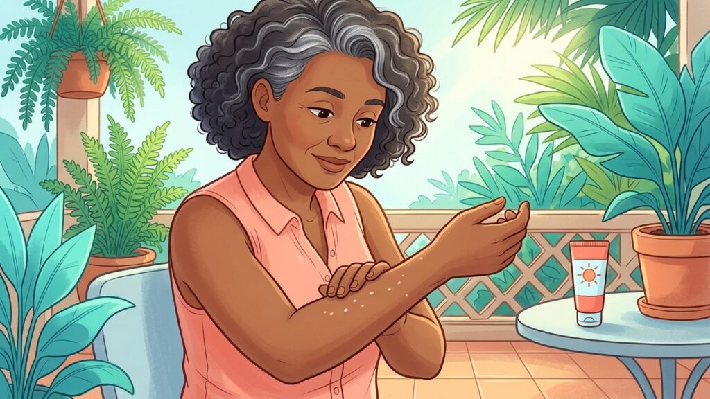 Pequenas manchas brancas nos braços e nas pernas podem estar ligadas à idade e ao sol acumulado.