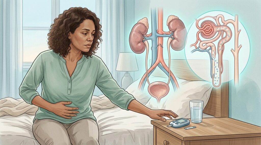 A diurese osmótica pode interromper o sono e intensificar a sede em pessoas com hiperglicemia.