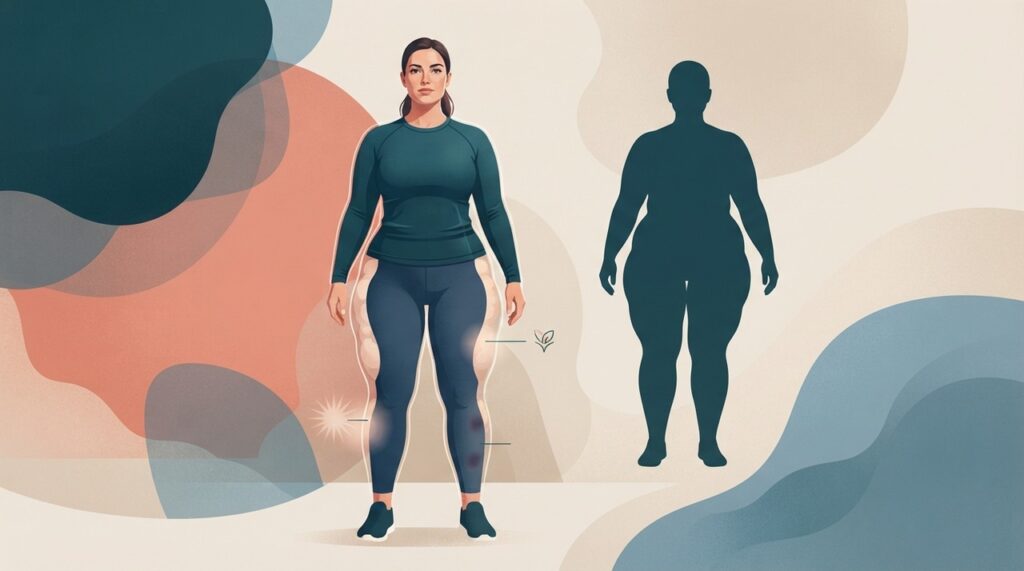 O padrão do lipedema difere do ganho de gordura generalizado e costuma concentrar alterações nas pernas, quadris e, às vezes, nos braços.