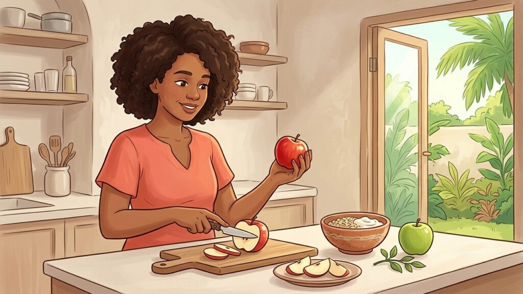 A maçã com casca oferece fibras e antioxidantes para um lanche simples e nutritivo.
