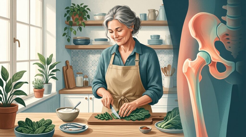 Alimentação adequada, vitamina D e atividade física fazem parte do cuidado com os ossos após a menopausa.