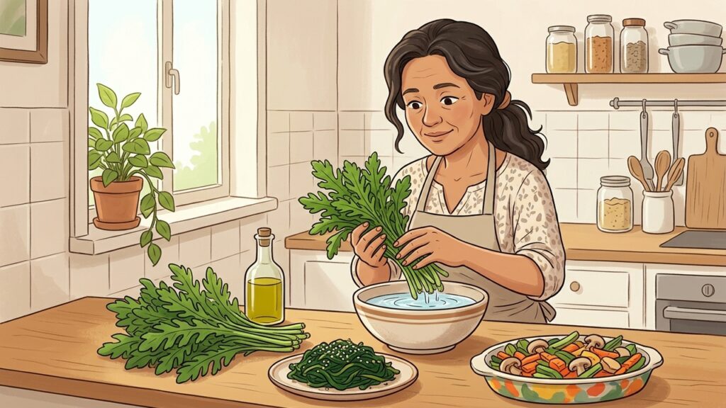 Shungiku acrescenta potássio, fibras e vitaminas ao prato e diversifica o consumo de folhas verdes.