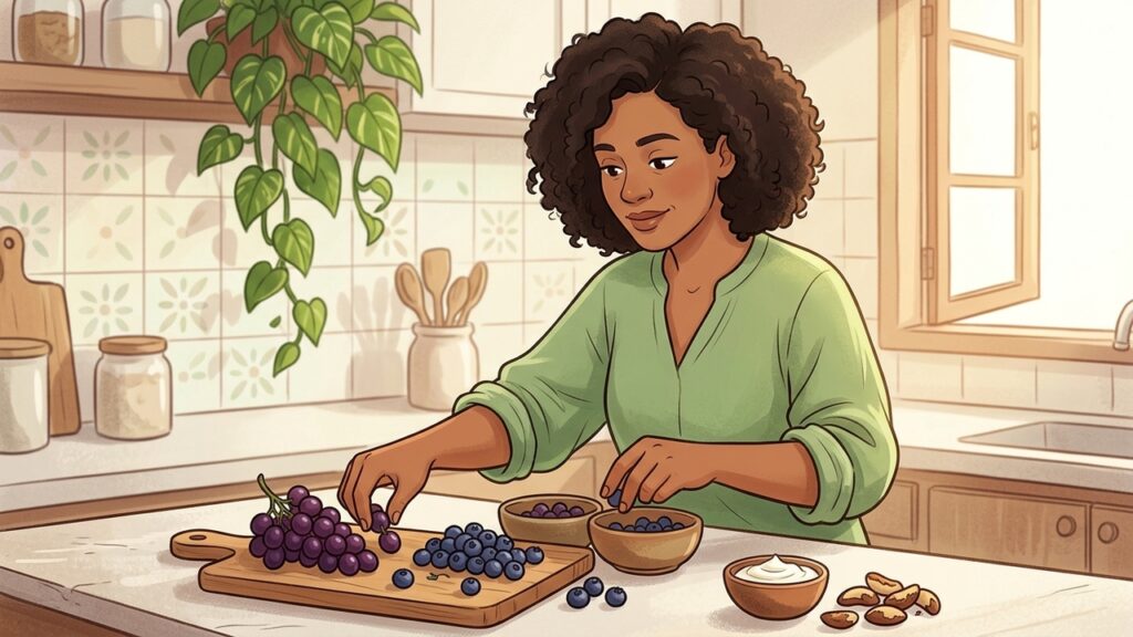 Mirtilos e uvas oferecem antioxidantes, mas fibras, porções e consumo inteiro influenciam a glicose.