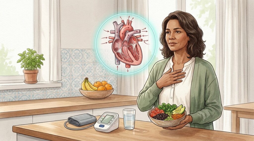 Mais alimentos naturais e menos sódio contribuem para proteger vasos, coração e pressão arterial.