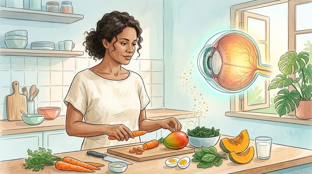Fontes animais e vegetais de vitamina A ajudam a manter o funcionamento saudável da retina.