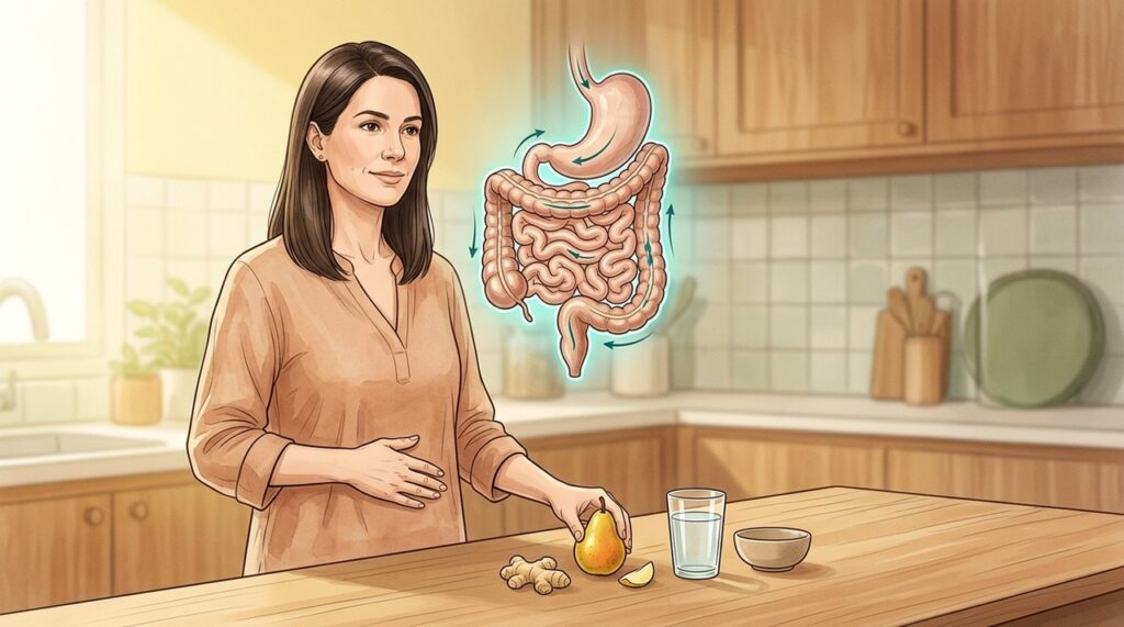 Gengibre pode estimular a motilidade digestiva e complementar os efeitos da pera madura.