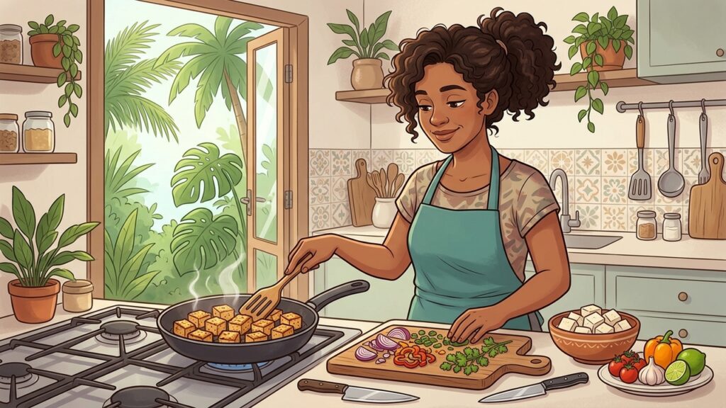 O tofu oferece proteína vegetal versátil e combina facilmente com refeições equilibradas para o dia a dia.