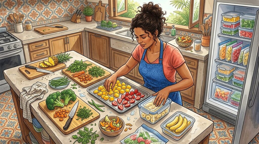 Frutas e legumes congelados facilitam refeições nutritivas mesmo nos dias mais corridos.