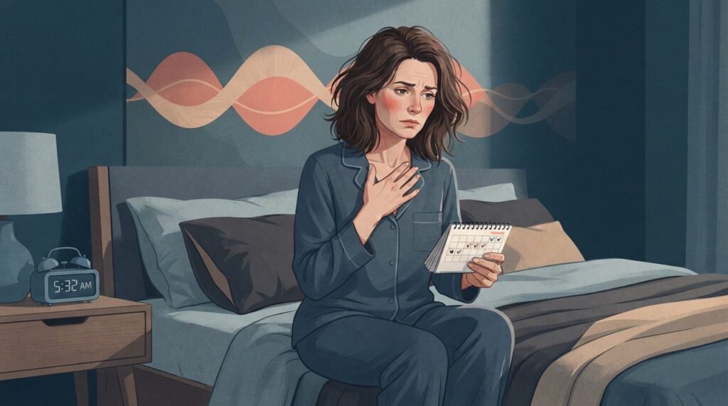 Alterações no sono, palpitações e irritabilidade podem surgir junto das primeiras mudanças do ciclo na perimenopausa.