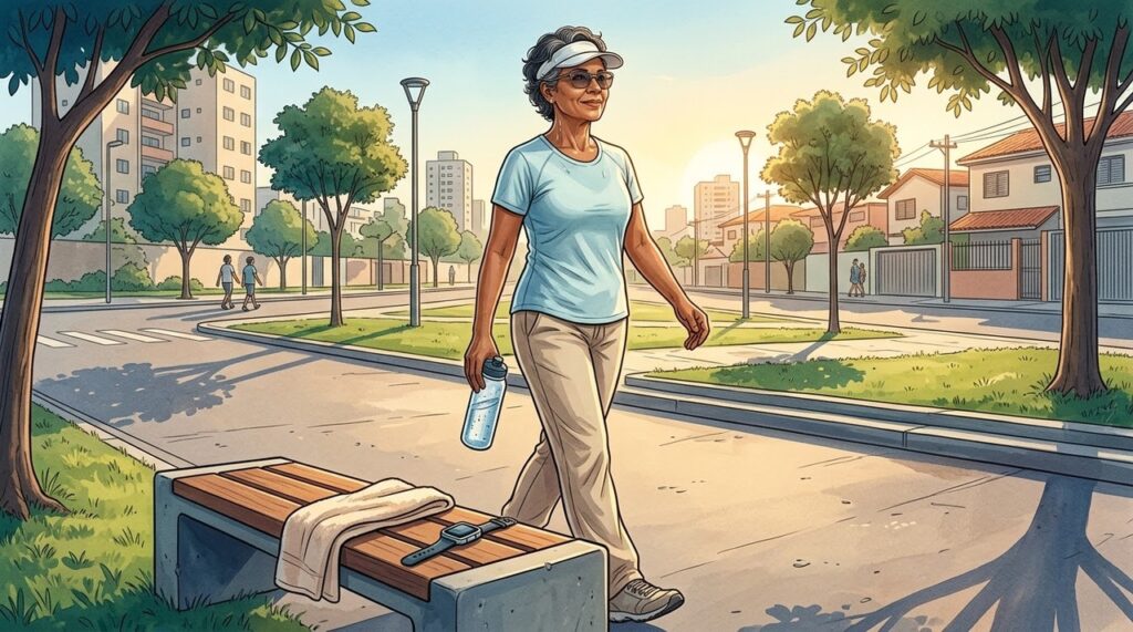 Caminhar no fim da tarde reduz a exposição ao calor mais intenso.