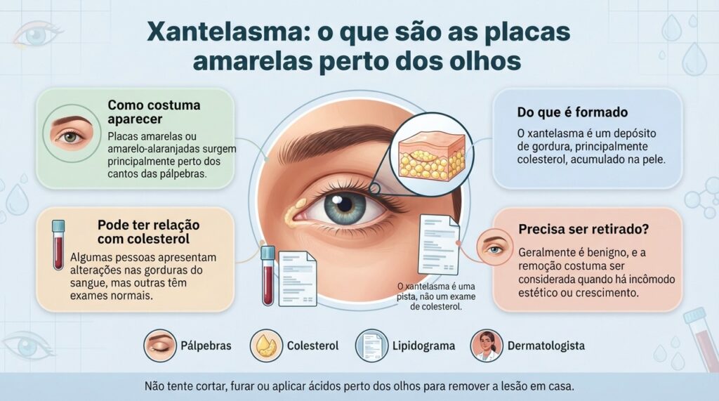 O xantelasma costuma ser benigno, mas pode motivar a investigação do colesterol e de outras condições associadas.