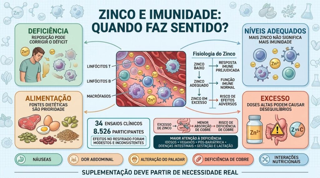 Deficiência justifica reposição; excesso de zinco pode prejudicar cobre e causar efeitos adversos.