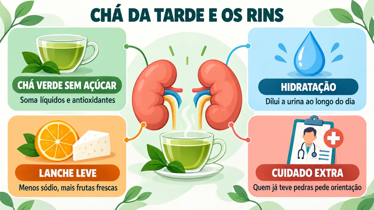 Chá sem açúcar, hidratação, lanche com pouco sódio e orientação profissional protegem os rins no dia a dia.