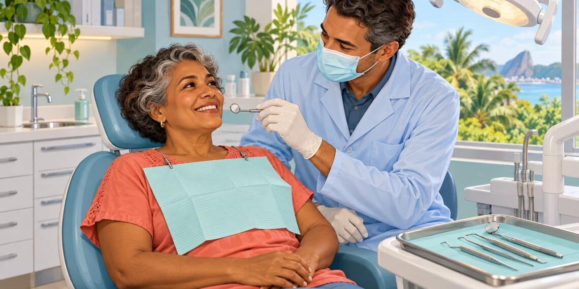 Dentista examina a gengiva de paciente madura: depois dos 40, o colágeno gengival envelhece e pede atenção.