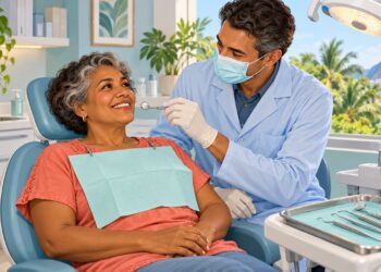 Dentista examina a gengiva de paciente madura: depois dos 40, o colágeno gengival envelhece e pede atenção.