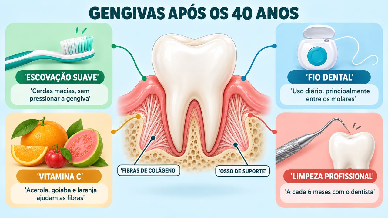 Escovação suave, fio dental, vitamina C e limpeza profissional ajudam a proteger a sustentação dos dentes.