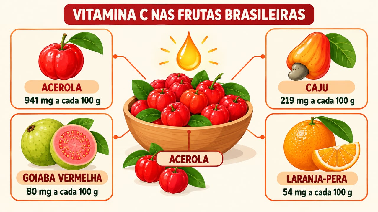 Comparação da vitamina C por 100 g: acerola, caju e goiaba superam a laranja-pera.