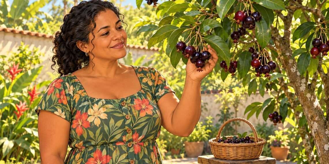 Grumixama madura, de casca roxa e cabinho longo, pendurada nos galhos durante a safra de primavera.