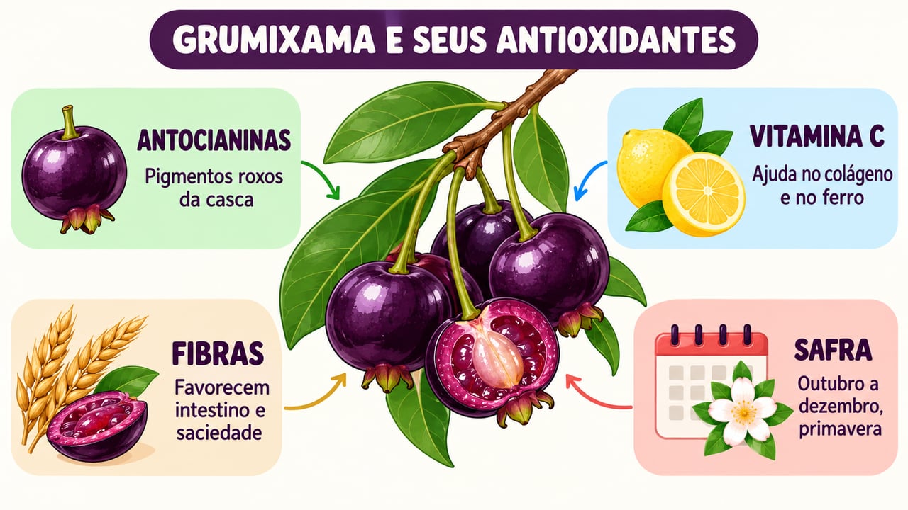 Antocianinas, vitamina C, fibras e safra de primavera resumem os benefícios da grumixama.