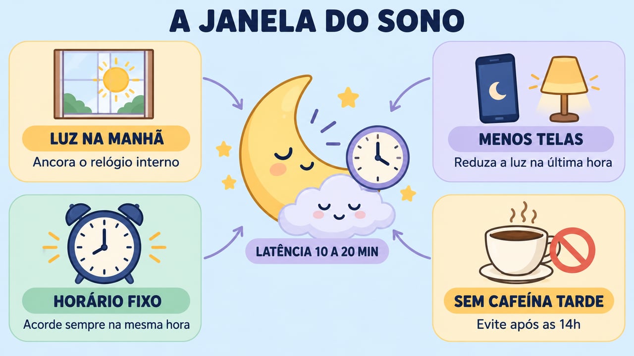 Luz pela manhã, menos telas, horário fixo e cafeína moderada ajudam a proteger a janela do sono.